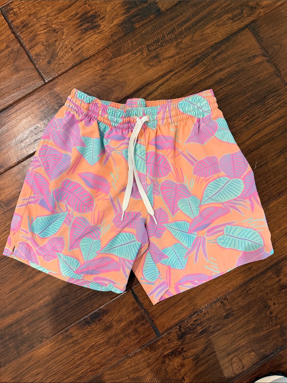 chubbies Peach Swim Trunks with Pink and Mint Leaf Print